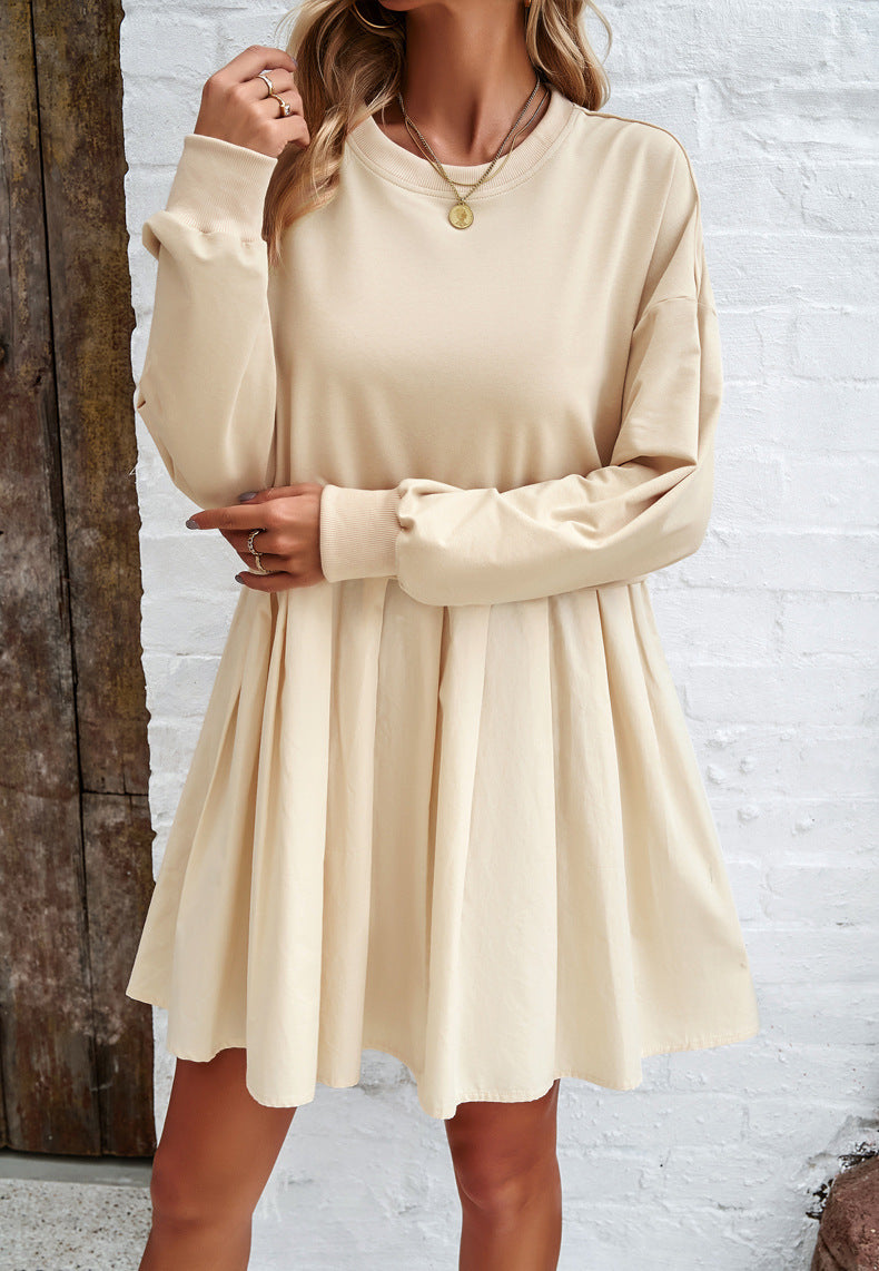 Apricot Round Neck Long Sleeve Pleated Dress