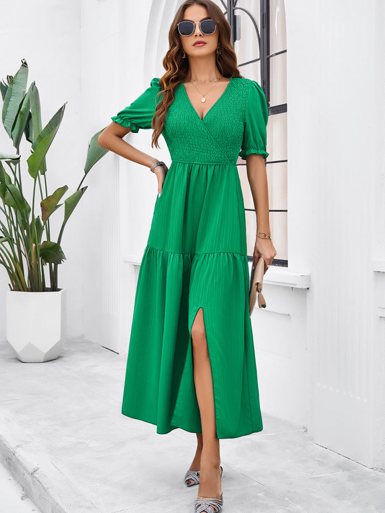 Green V-Neck Short Sleeved Long Dress