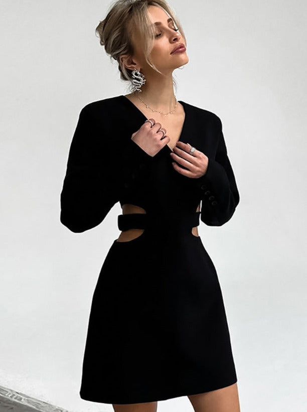 Elegant Black Long Sleeve V-Neck Waist Cut-Out Mini Dress