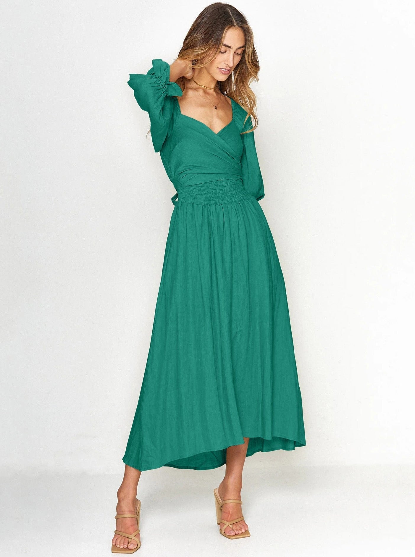 Green Rope Belt Ruffled Lantern Sleeved Multi Wear Elegant Dress