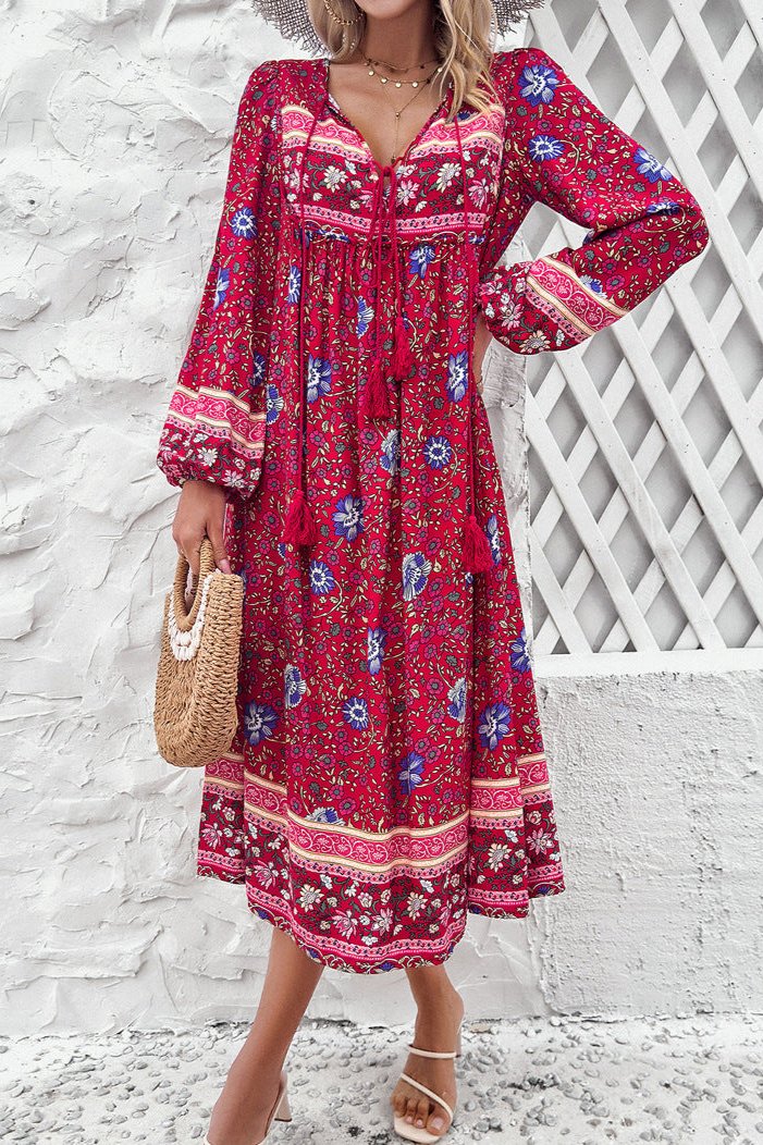 Stylish Red Floral Long Lantern Sleeve Midi Dress