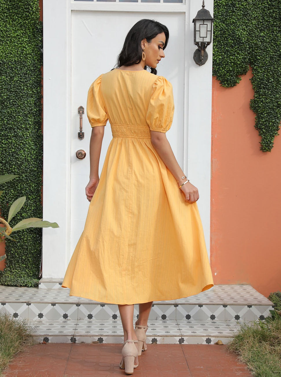 Yellow Orange Summer Puff Sleeve V-Neck Dress