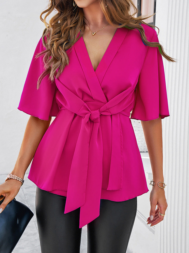 Rose Plain V-Neck Ribbon Tie Blouse