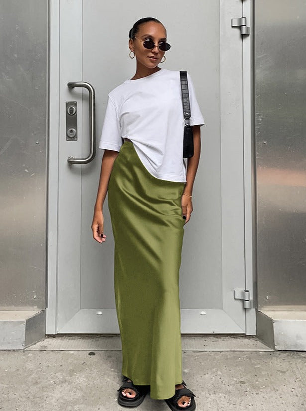 Elegant Plain Colored Satin Maxi Skirt