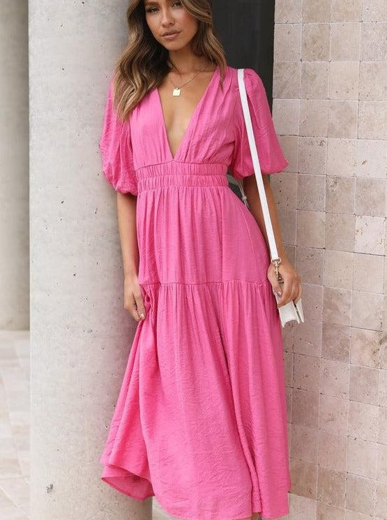 Solid Color Fluff Sleeve V-Neck Pleated Dress