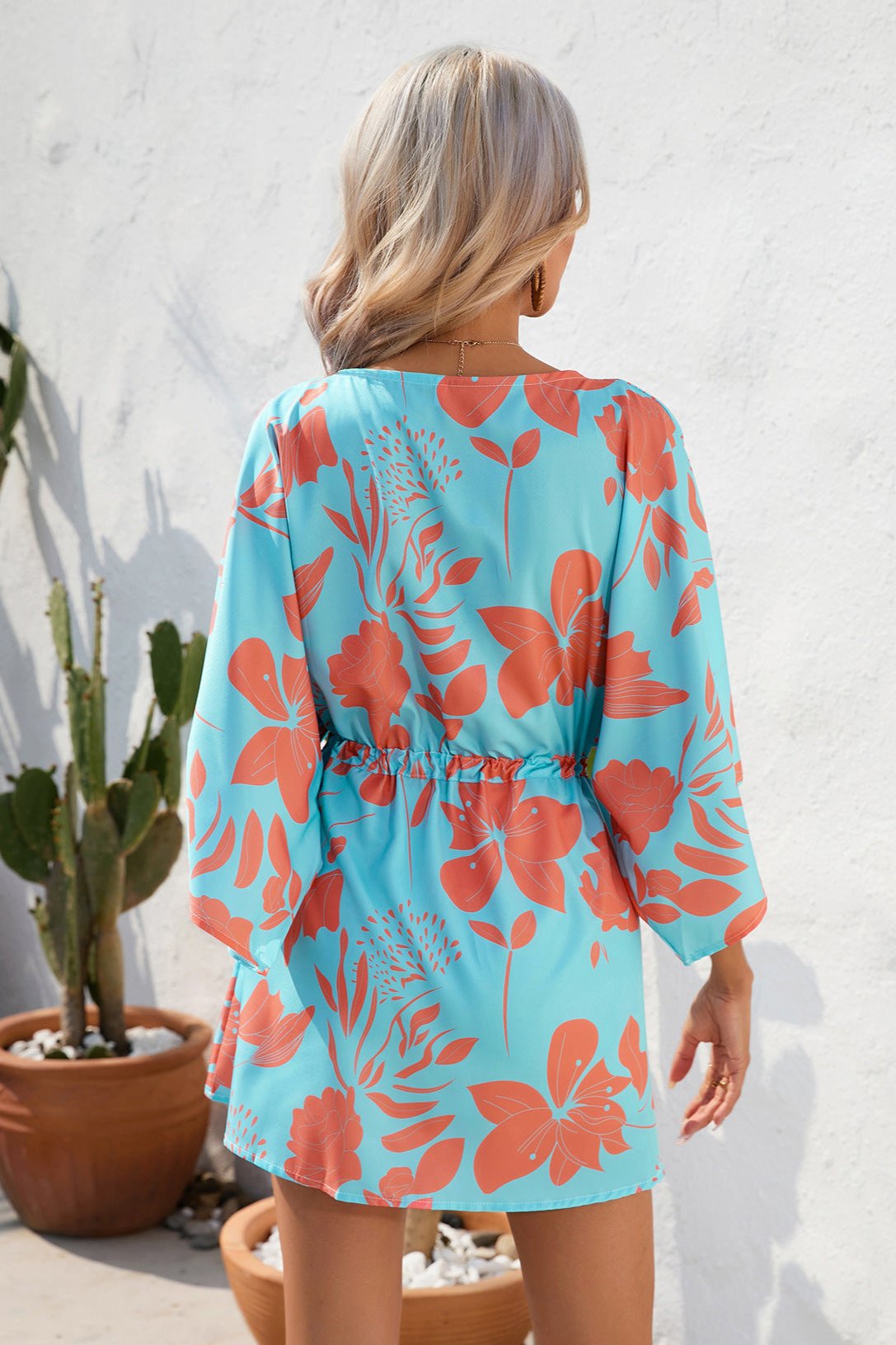 Floral Boho Damen Kimono Playsuit Kurzärmelig - Sommer Strandmode Jumpsuit Bunt