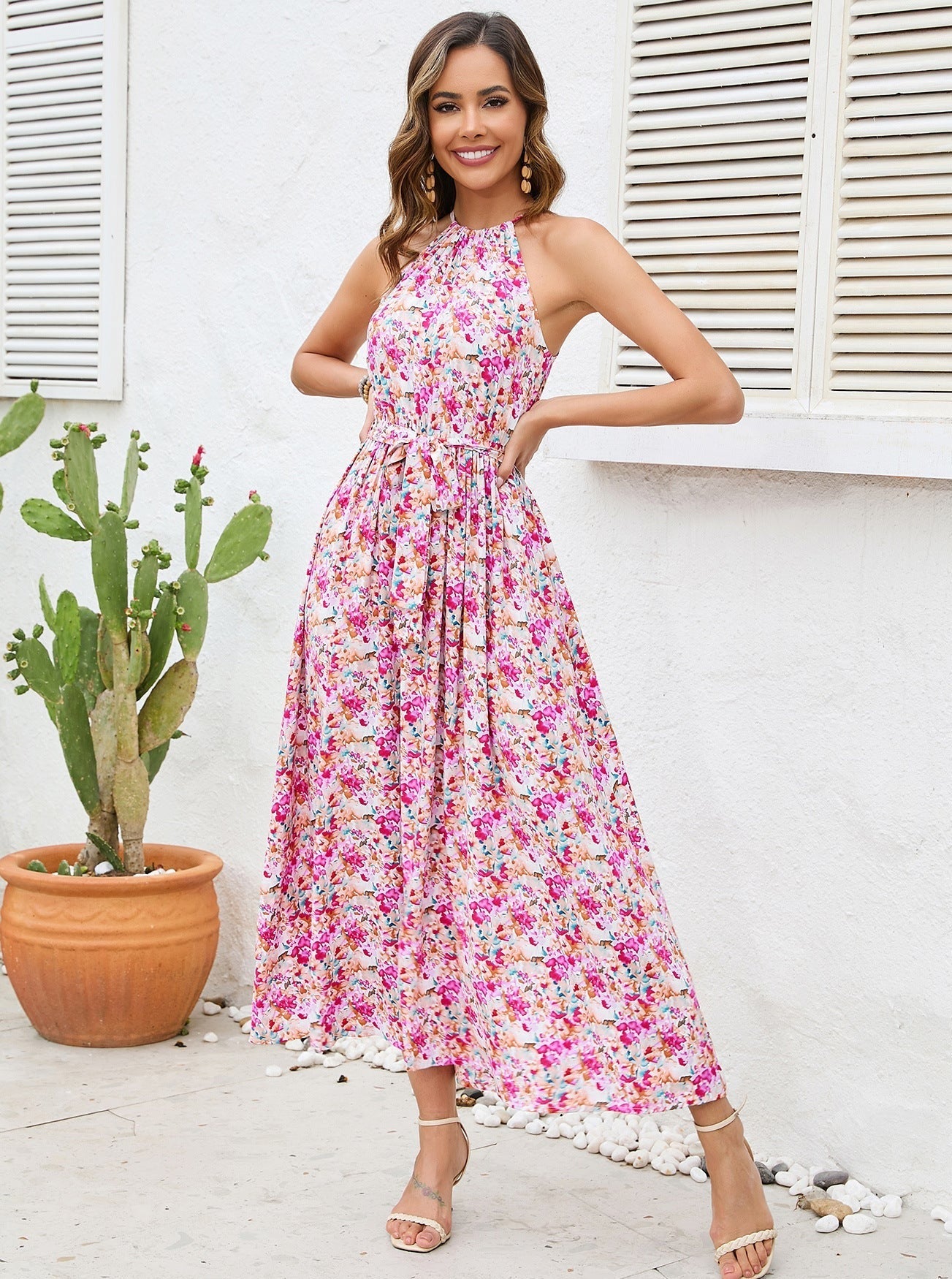 Off Shoulder Halter Neck Floral Midi Dress