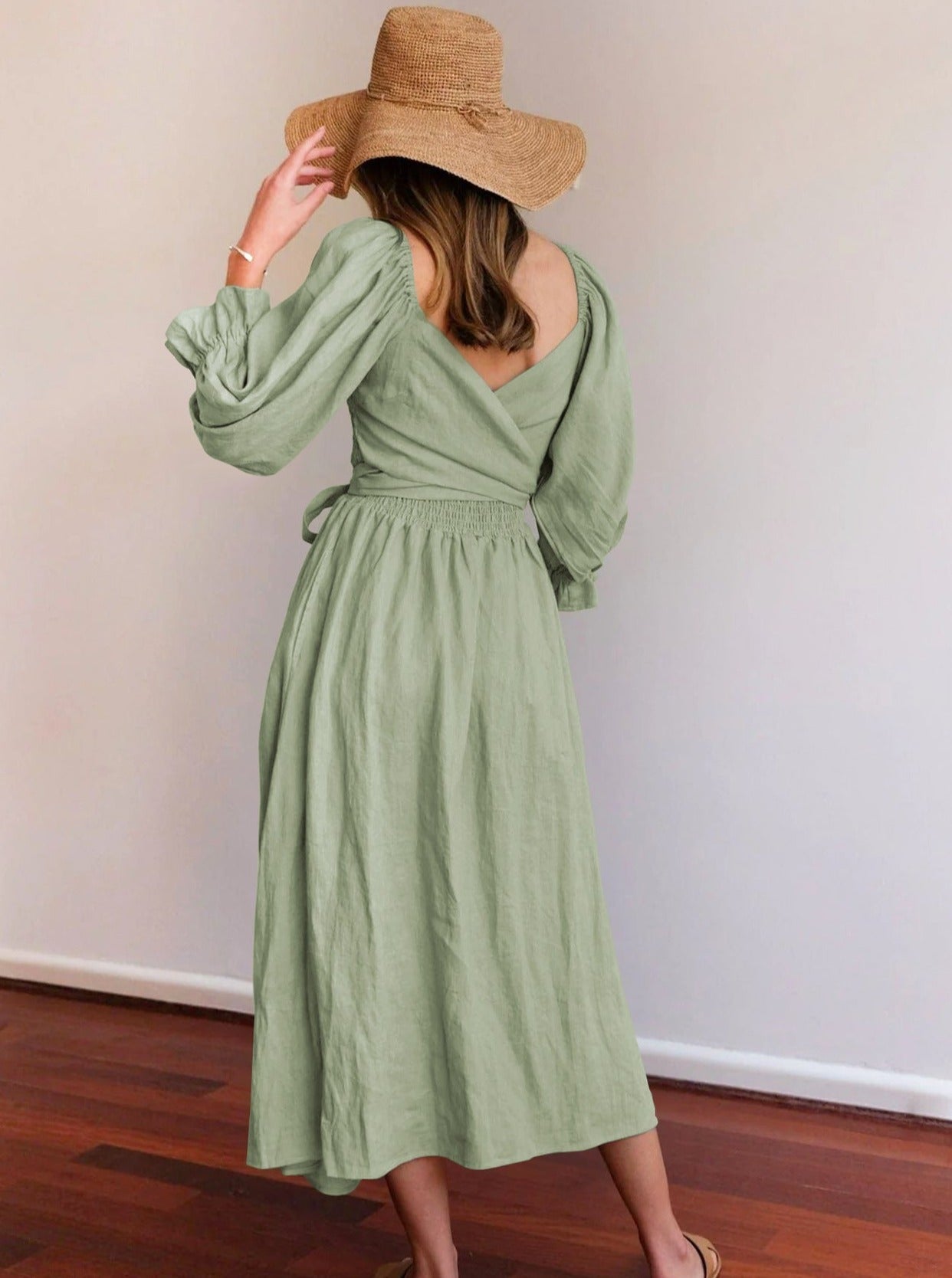 Light Green Rope Belt  Ruffled Lantern Sleeve Pleated Dress