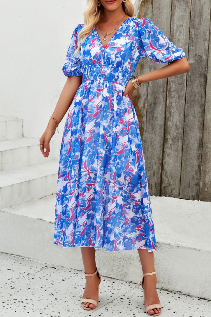 Casual Floral V-Neck Puff Sleeve Midi Dress