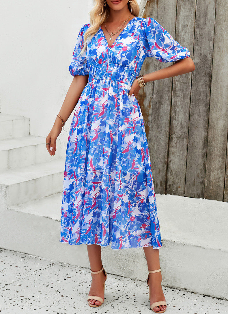 Casual Blue V-Neck Printed High Waist Long Dress