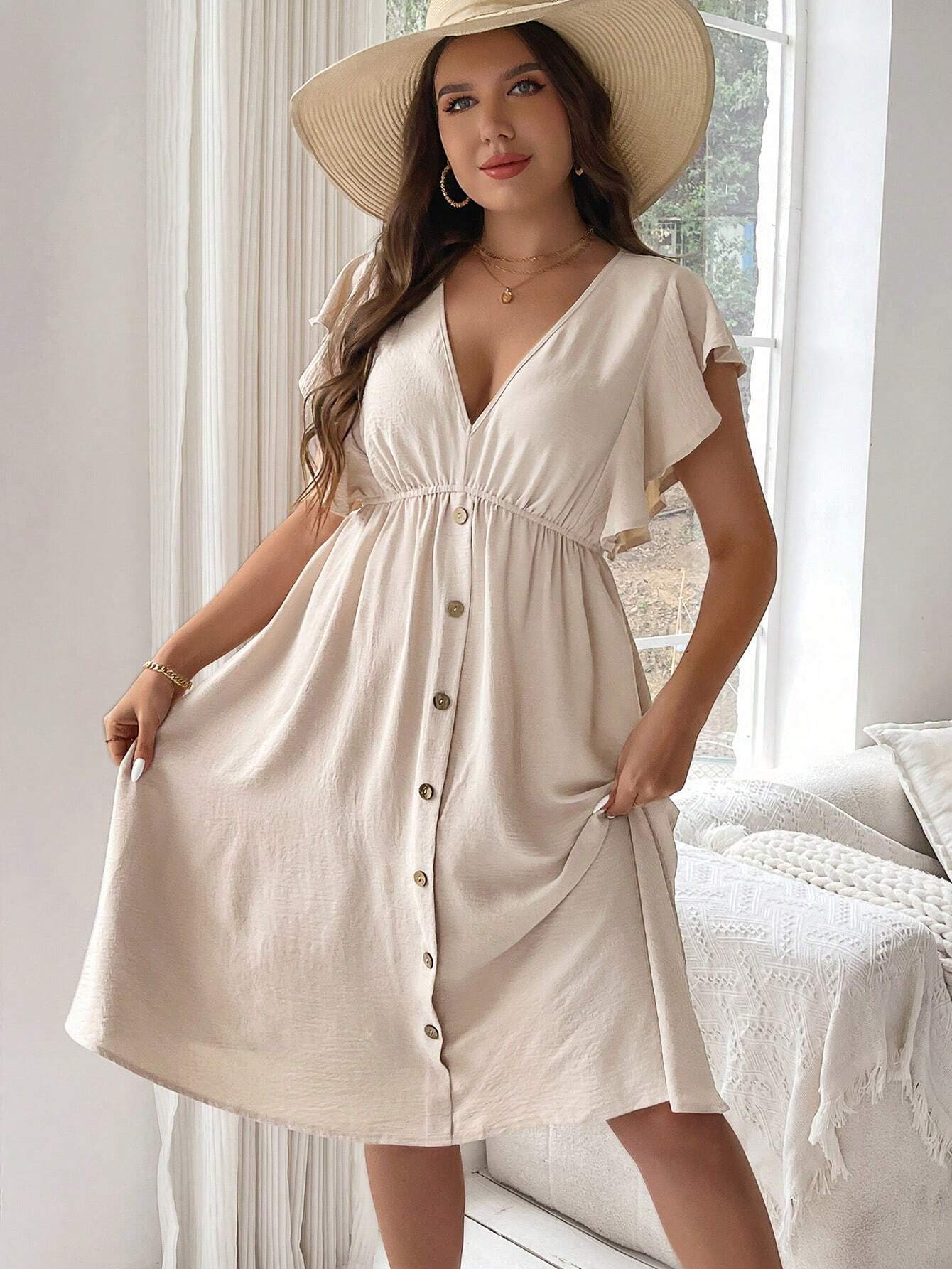 Plus Size V-Neck Button Down Sun Dress