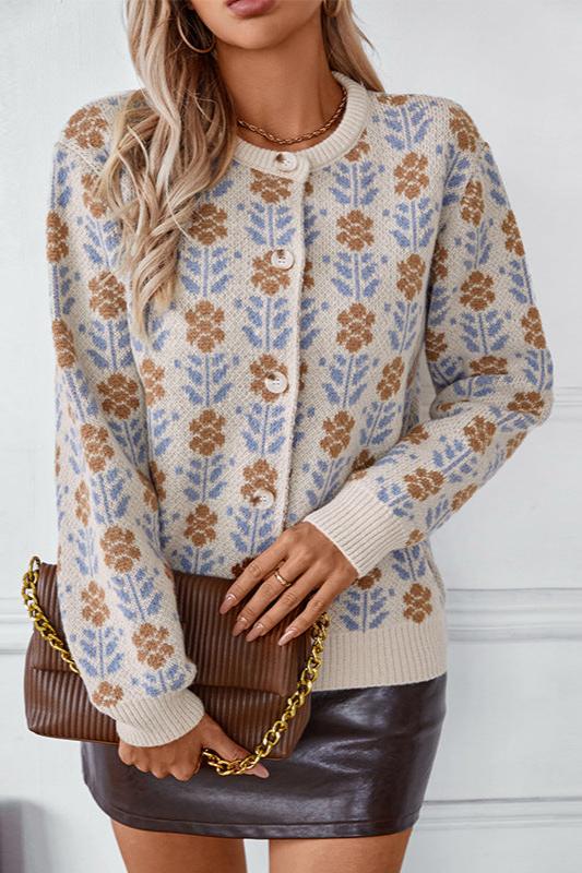 Long Sleeve Floral Buttoned Knitted Sweater