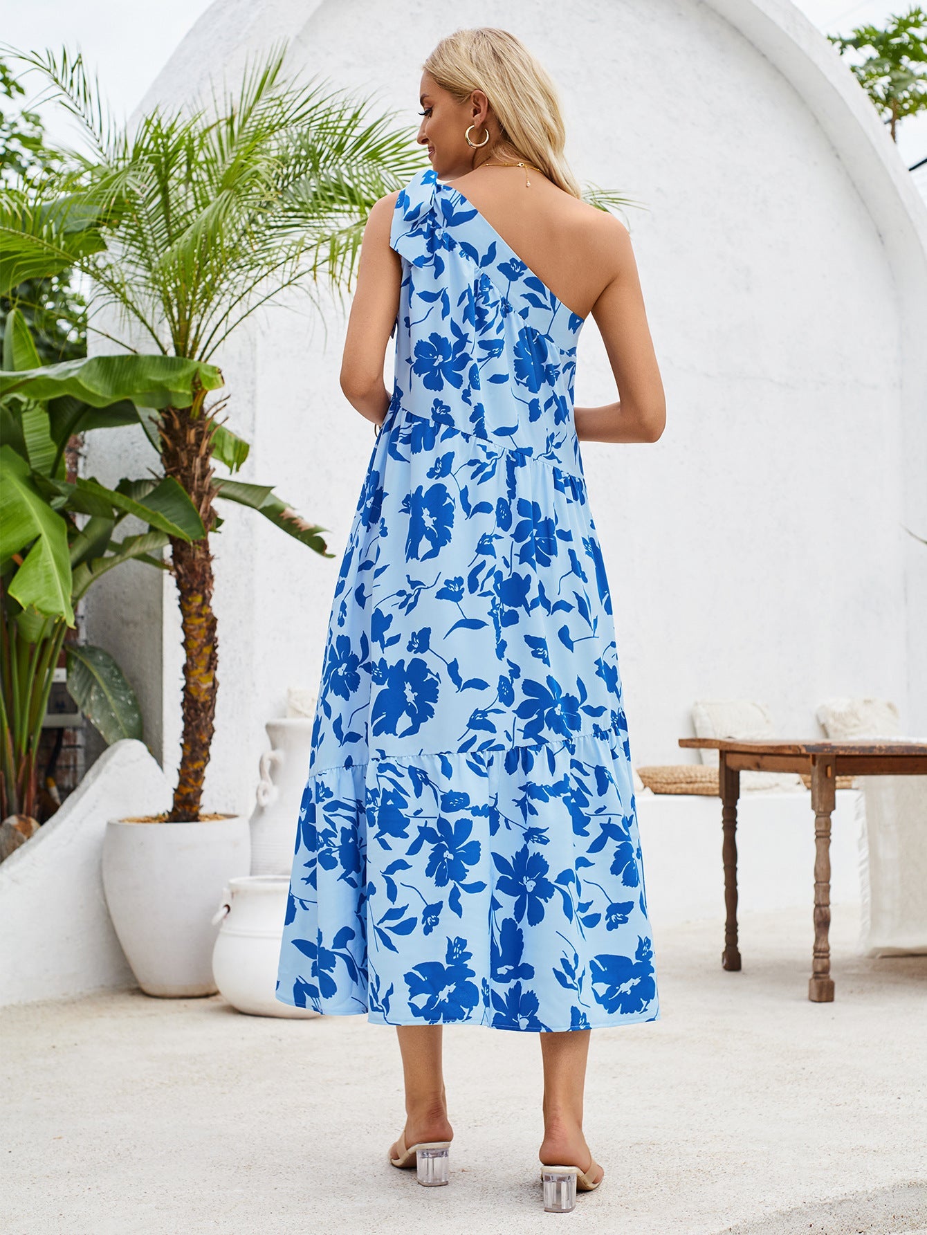 One Shoulder Floral Printed Pleated Dress