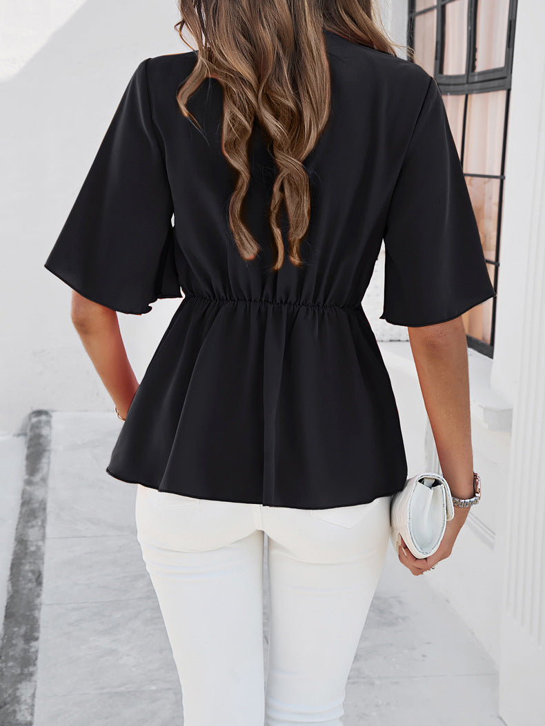 Black Plain V-Neck Ribbon Tie Blouse