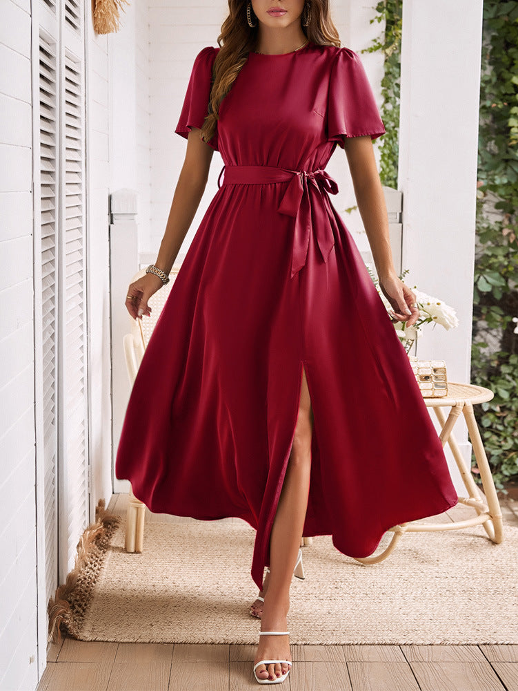 Langes Abendkleid Rot Halblangarm Mit Schlitz Elegant Festlich Taillengürtel