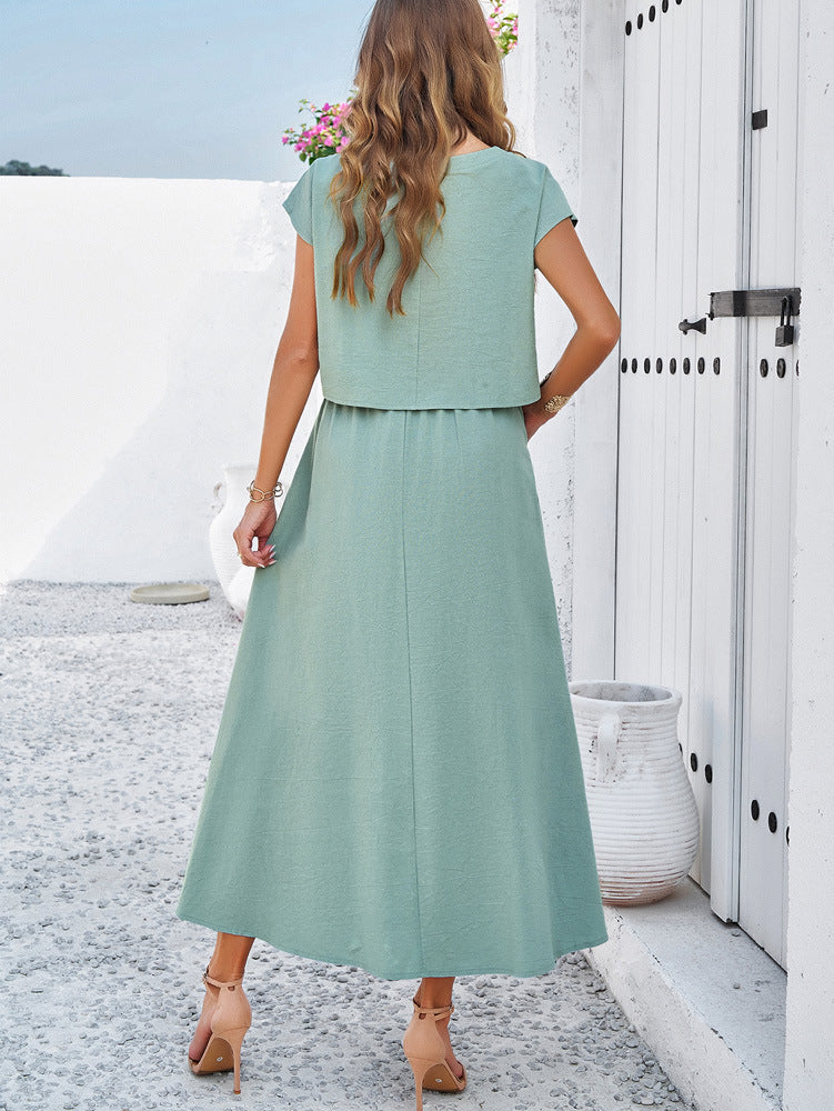 Sleeveless Top and Flared Long Skirt Green Suit