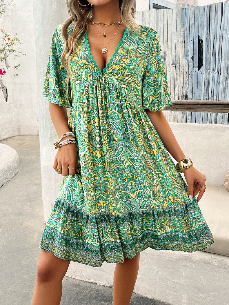 Boho Kleid Sommer, Lässiges Maxikleid mit V-Ausschnitt und Ethnoprint, Farbintensiv