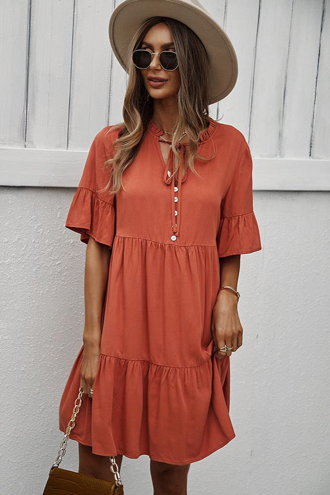 Orange Sexy Frill V-Neck Drawstring Tie Smock Dress