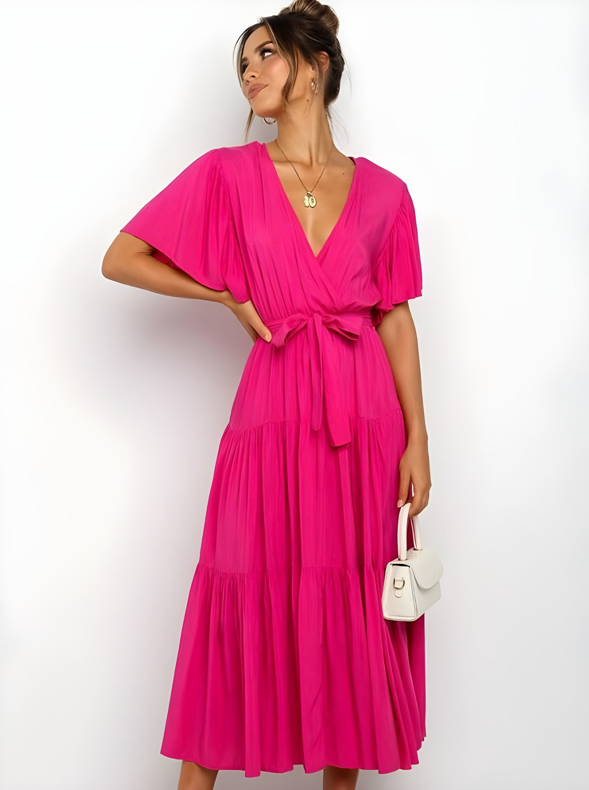 Elegant Tie Waist Solid Color Layered Dress