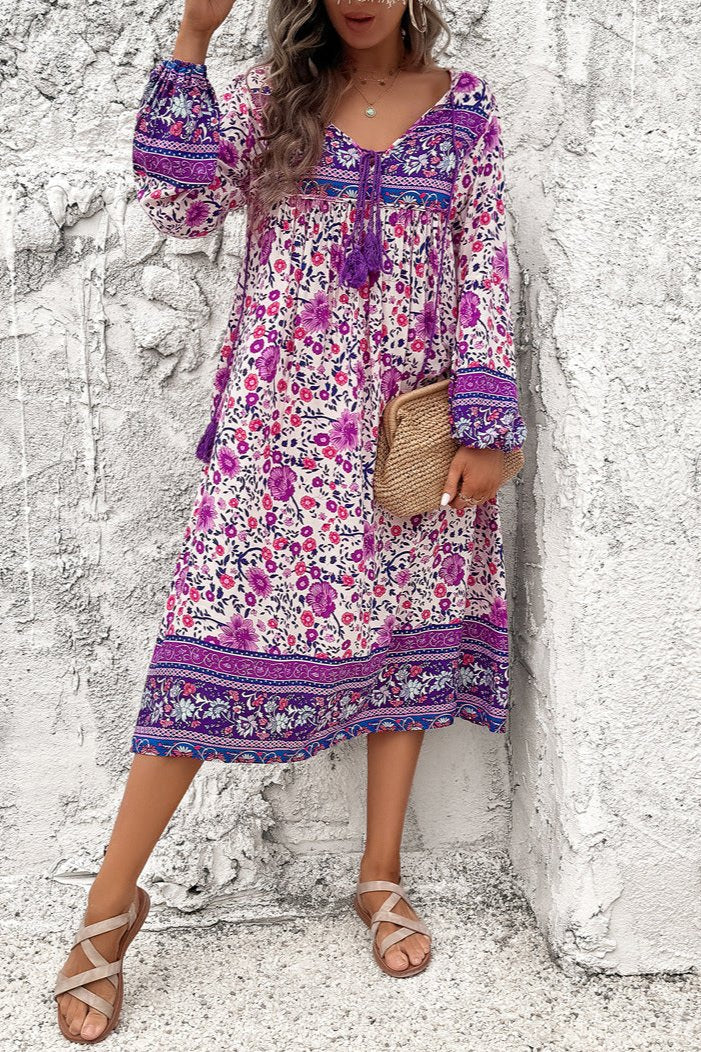 Stylish Purple Floral Long Lantern Sleeve Midi Dress