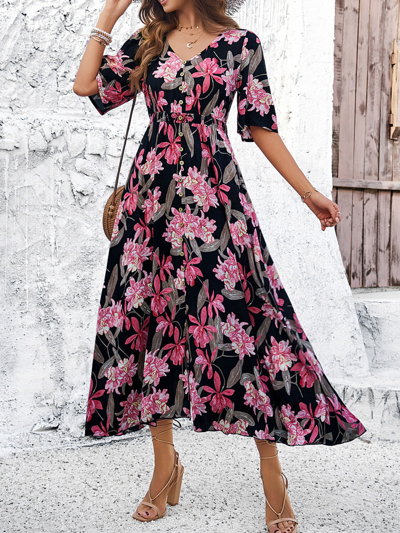 Black Floral Printed Large Swing Dress