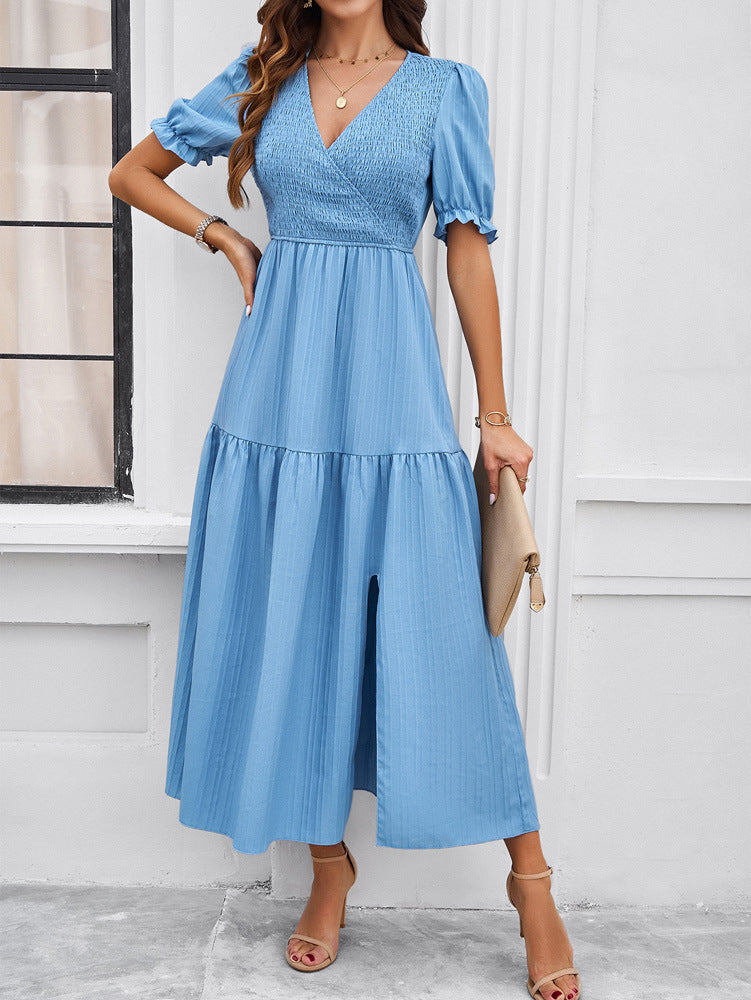 Blue V-Neck Short Sleeved Long Dress