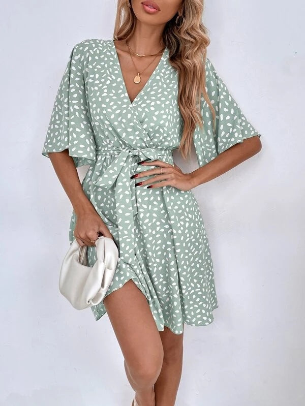 V-Neck Overall Printed Half Sleeve Dress