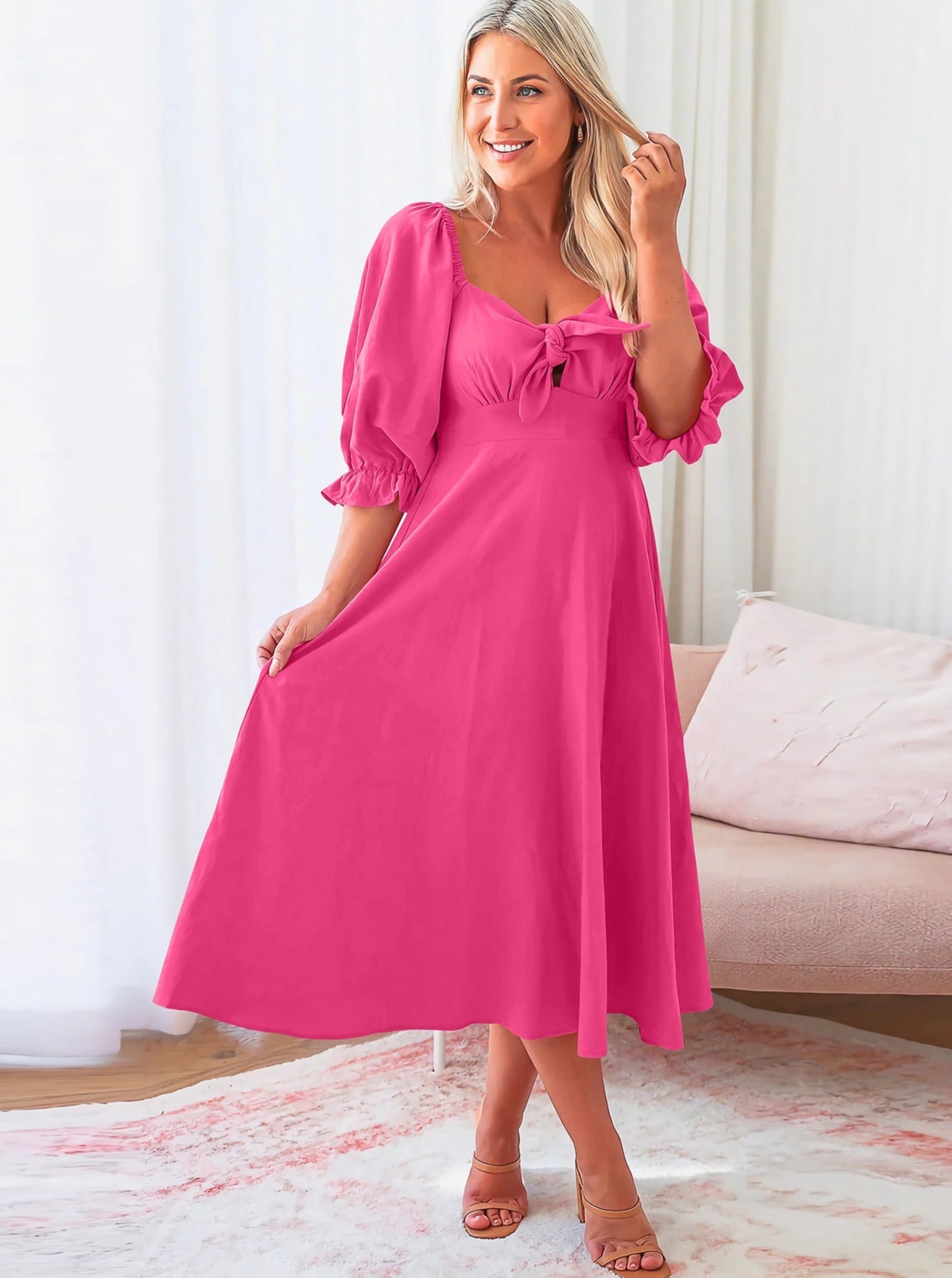 Square Neck Knotted Puff Sleeves Cutout Casual Summer Dress