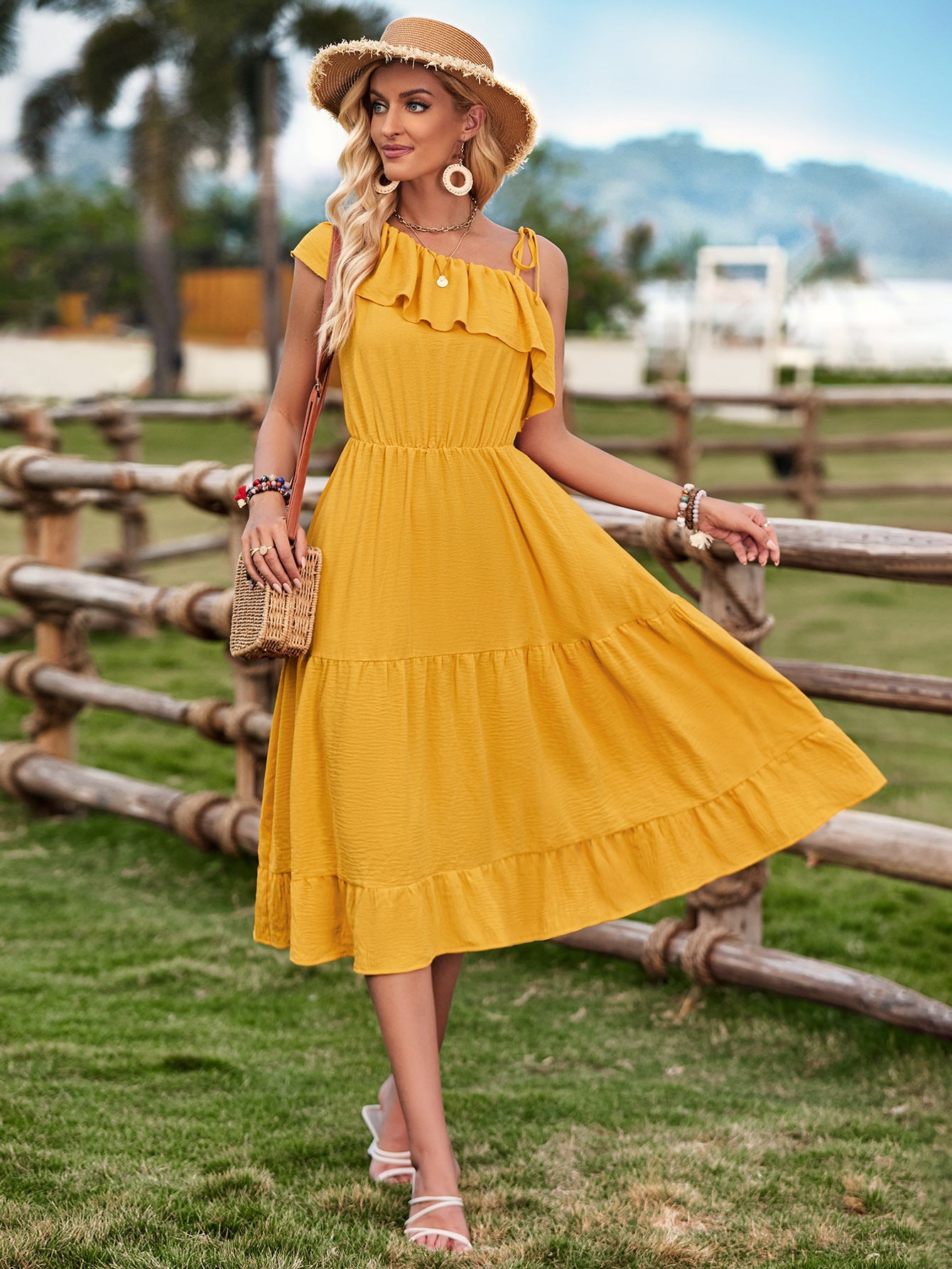 One Shoulder Solid Color Ruffled Layered Dress