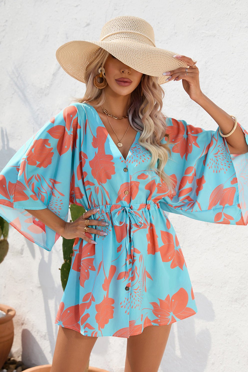 Floral Boho Damen Kimono Playsuit Kurzärmelig - Sommer Strandmode Jumpsuit Bunt