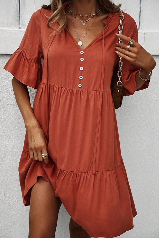 Orange Sexy Frill V-Neck Drawstring Tie Smock Dress