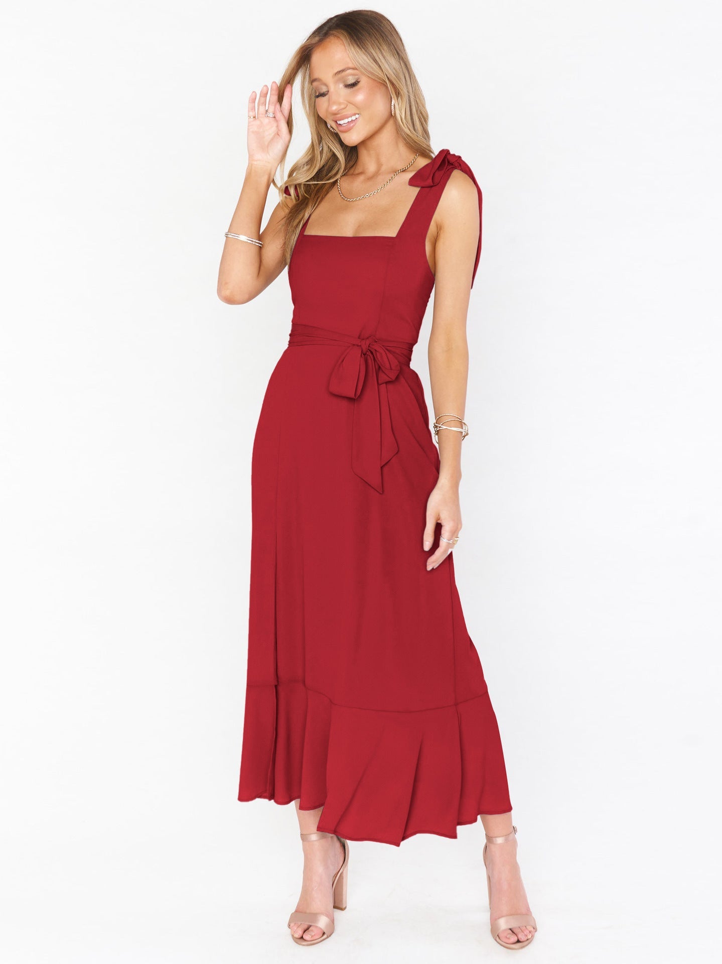 Elegant Solid Color Square Neck Midi Dress