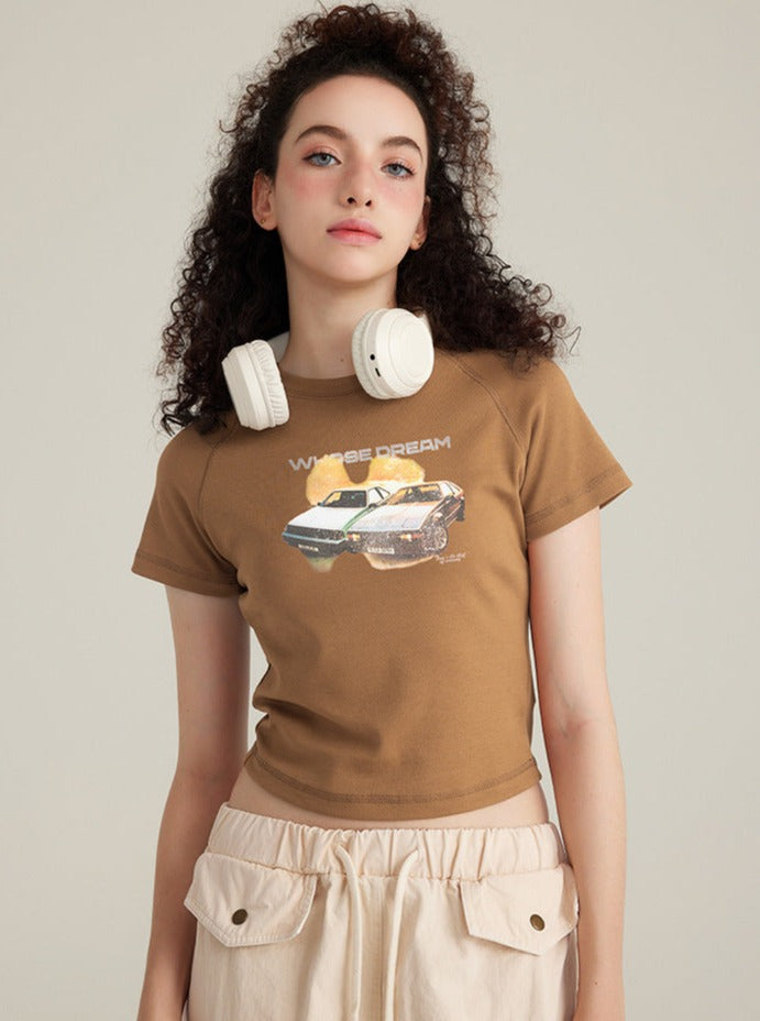 Caramel Color Printed Short-Sleeved Raglan Style Sexy Top