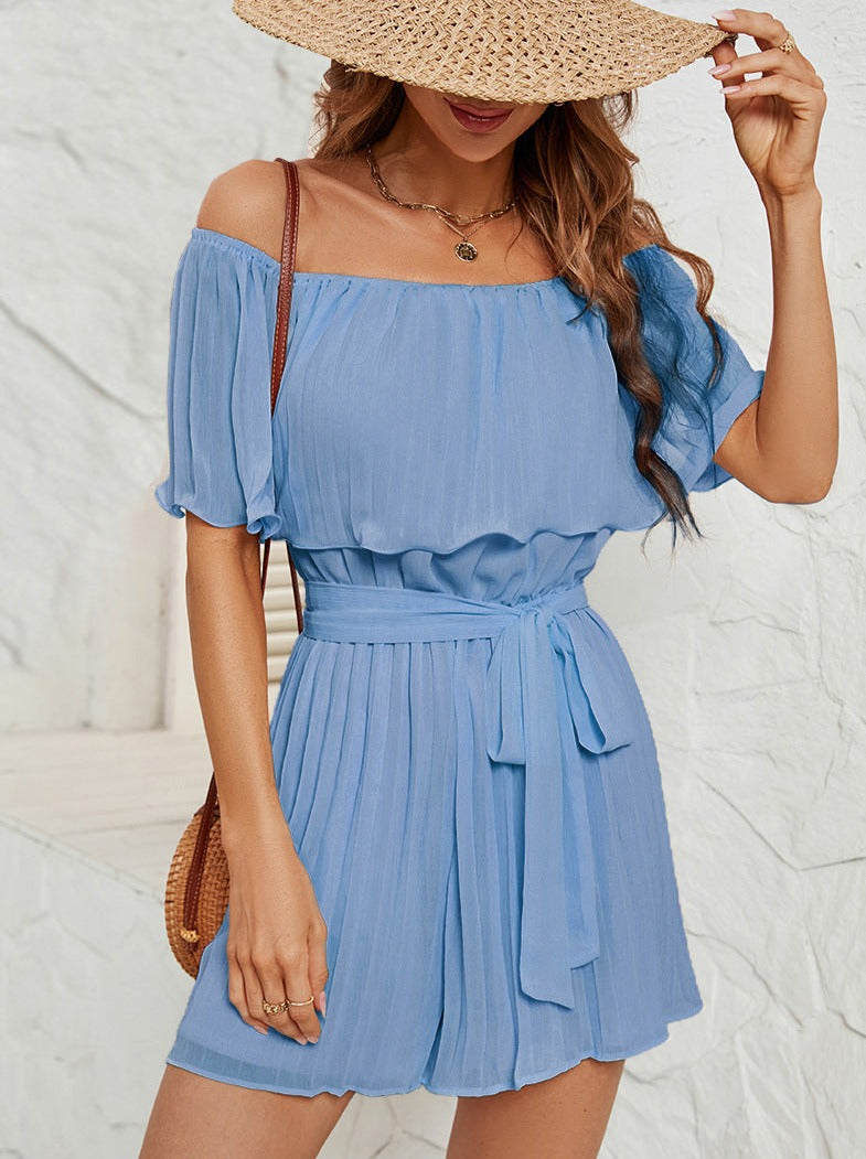 Powder Blue Off-Shoulder Pleated Collar Jumpsuit