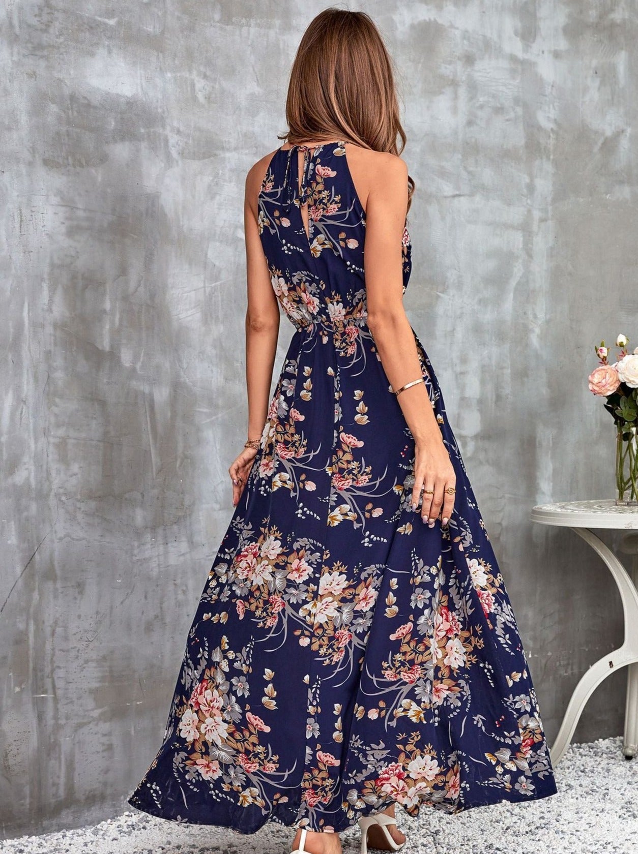 Floral Printed Halter Neck Slit Maxi Dress