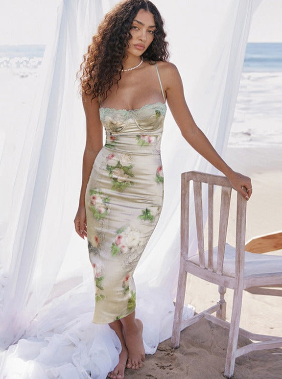 Green Floral Printed Corset Dress