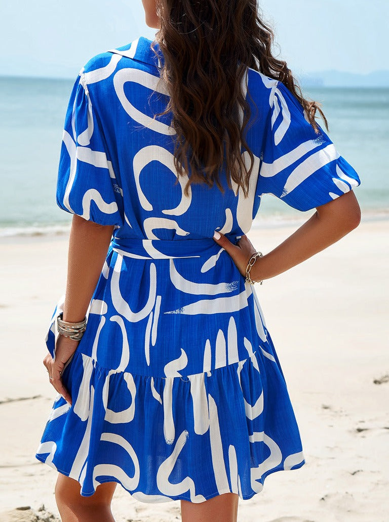 Printed Belted Tie Waist Collar Neck Button Down Dress