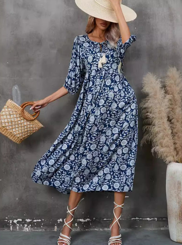 Blue Bohemian V-Neck Half Sleeves Dress