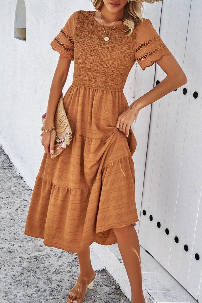 Casual Solid Crochet Lace Sleeve A-Line Midi Dress