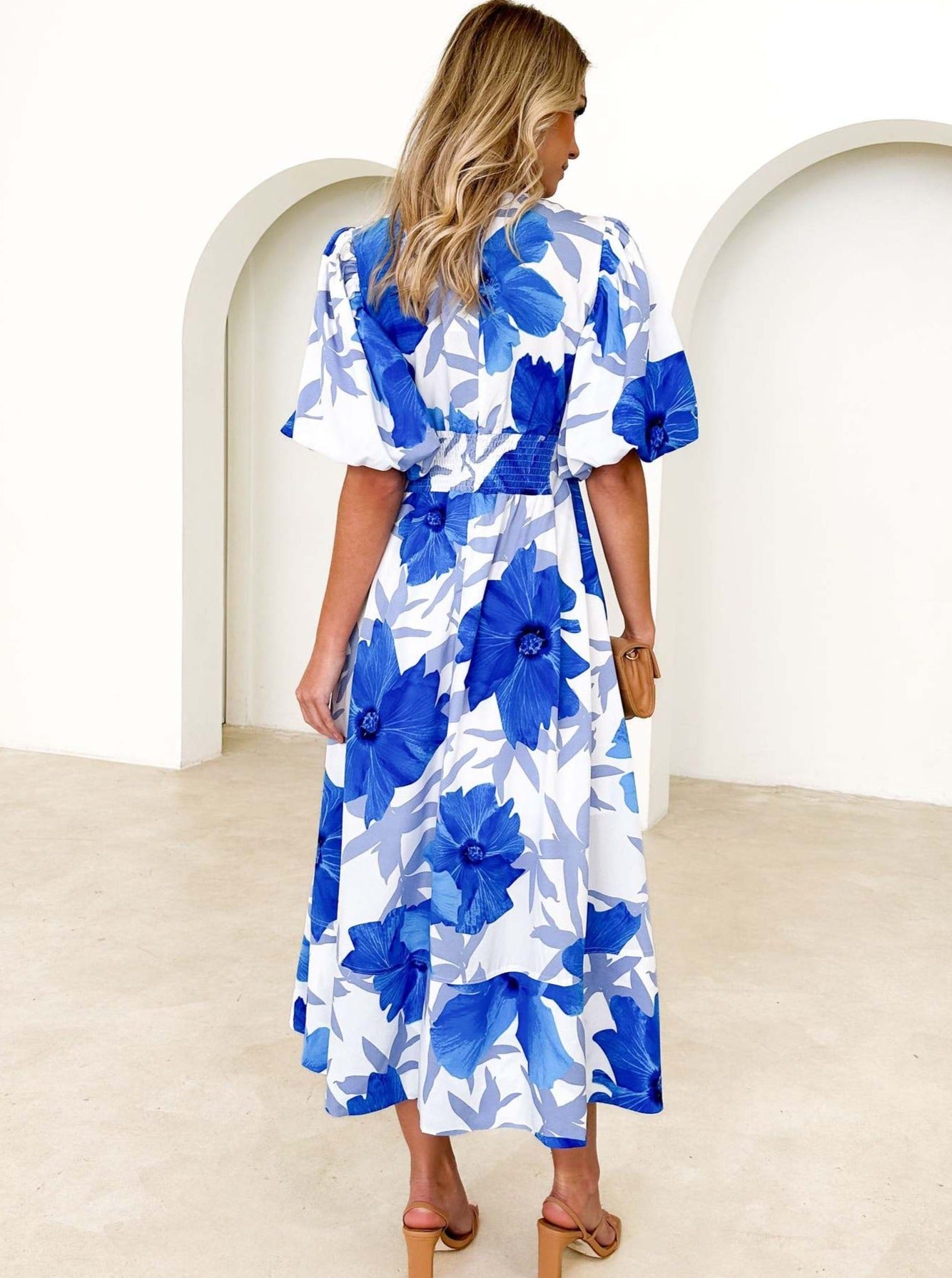 Casual Floral Bubble Sleeve Temperament Midi Dress