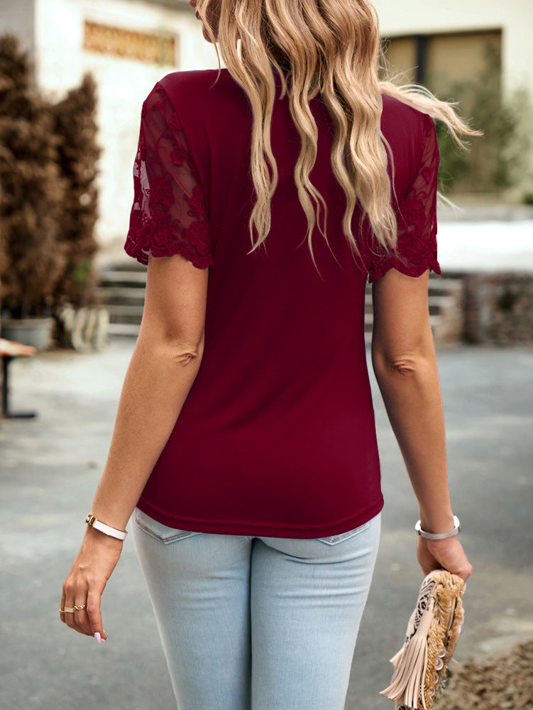 Wine Round Neck Lace Sleeve T-Shirt