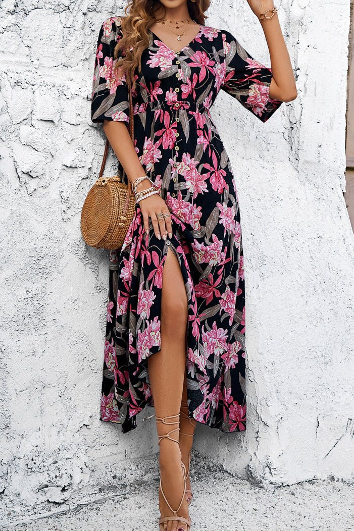 Black Chic Summer Floral V-Neck Side Slit Midi Dress