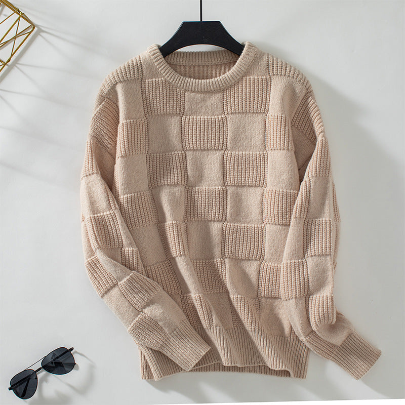 Loose Round Neck Plaid Knitted Pullover Sweater