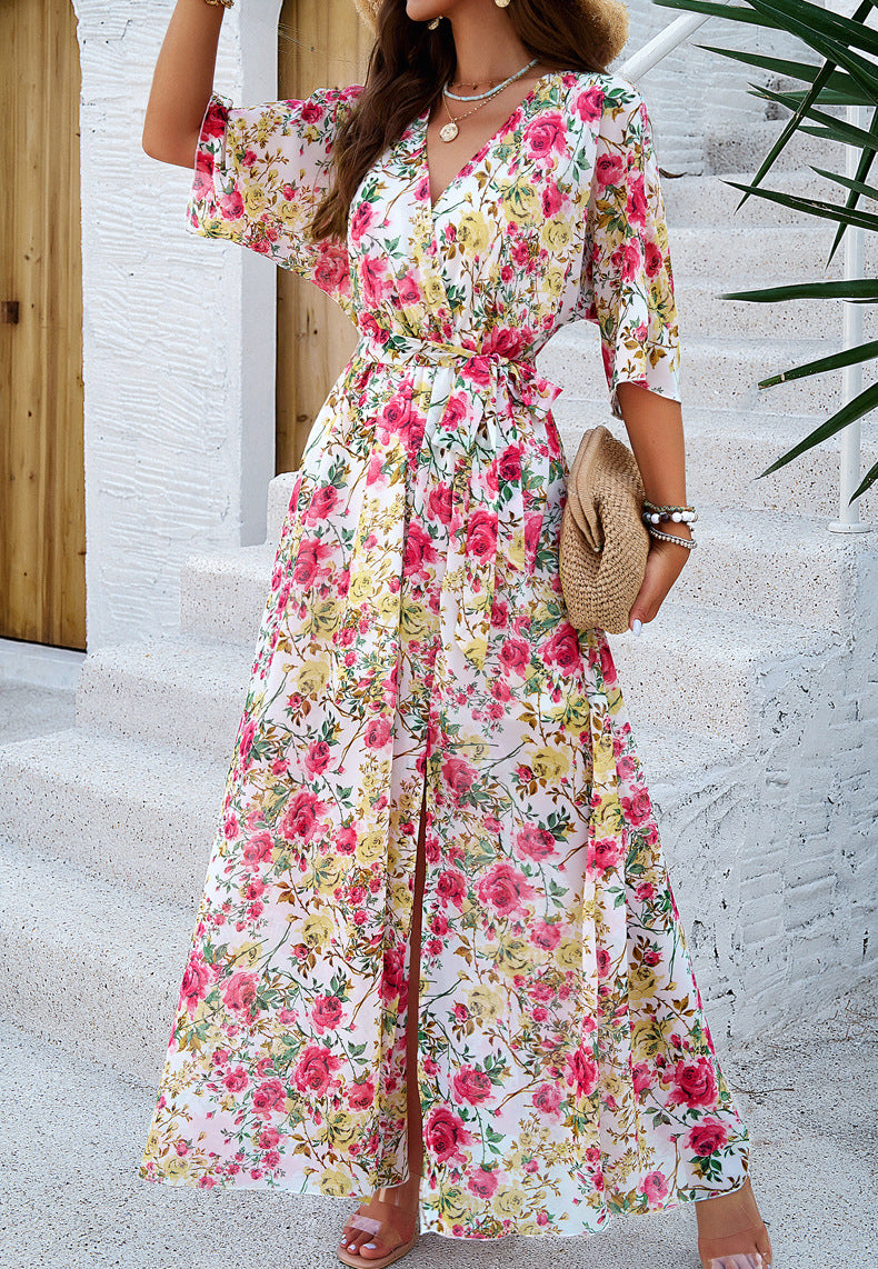 Floral Printed V-Neck Pleated Dress