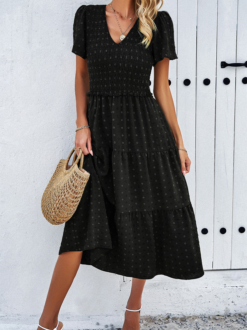 Black Temperament V-Neck Short-Sleeved Dress