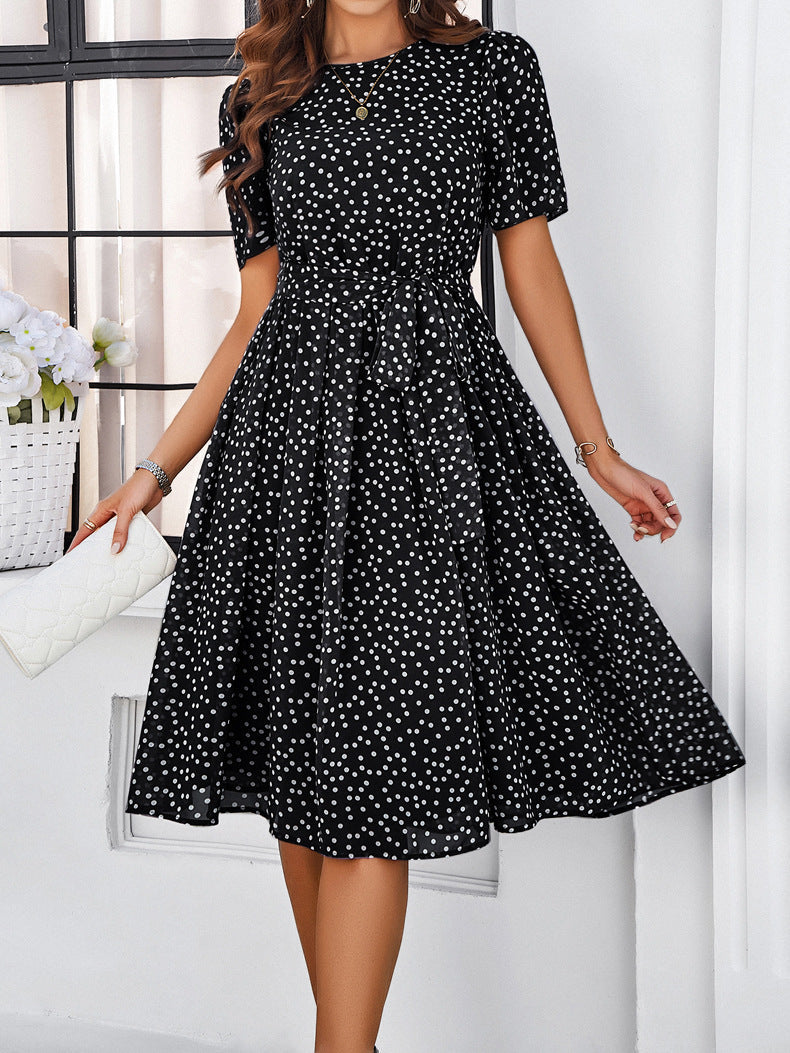 Elegant Black Chiffon Polka Dot Short Sleeve Midi Dress