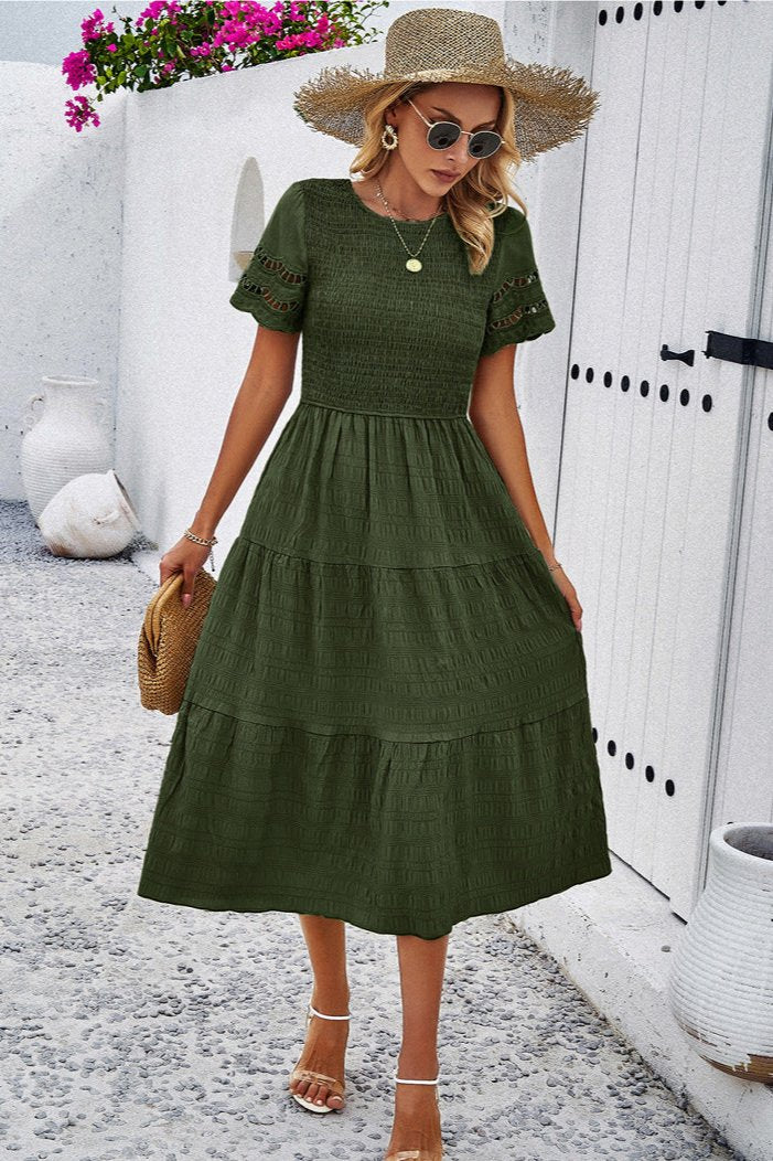 Deep Green Casual Solid Crochet Lace Sleeve A-Line Midi Dress