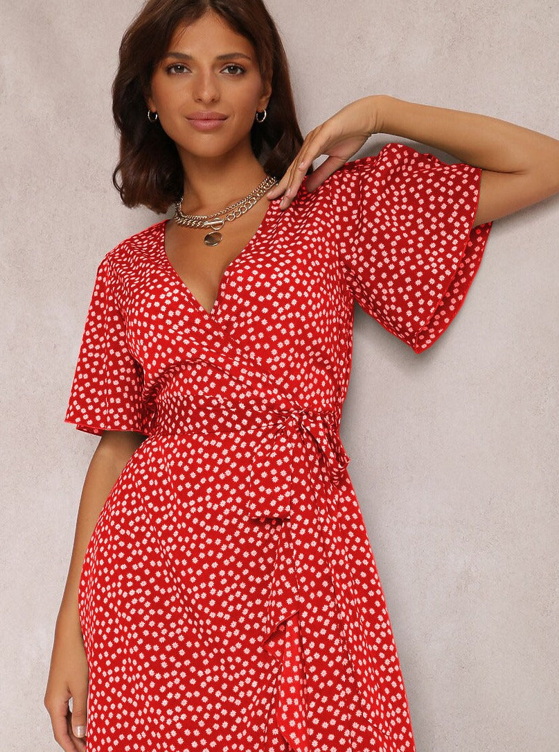 V-Neck Allover Print Tie Waist Dress