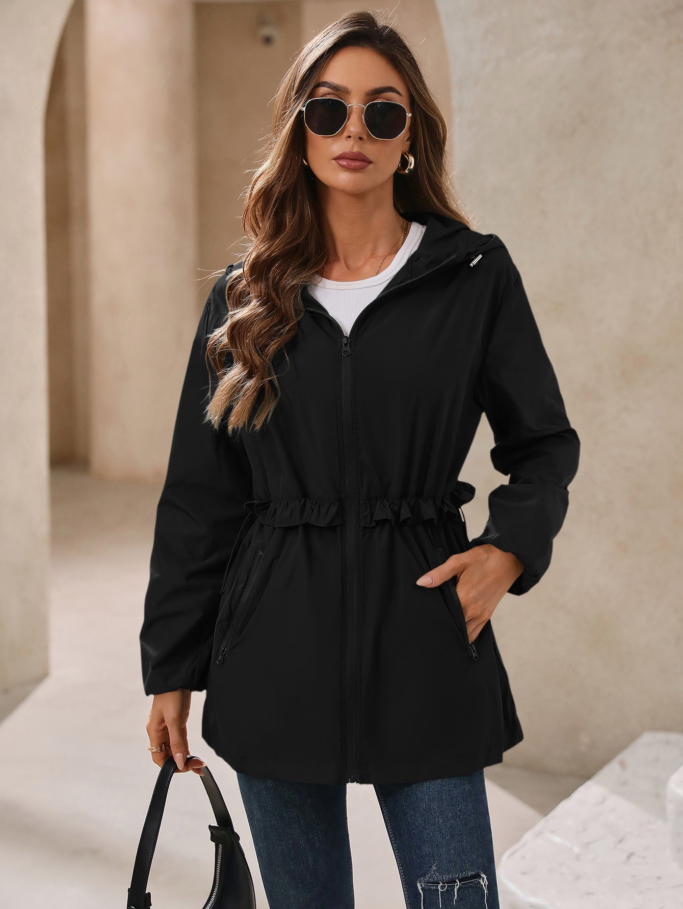 Stylish Ruffle Hooded Raincoat