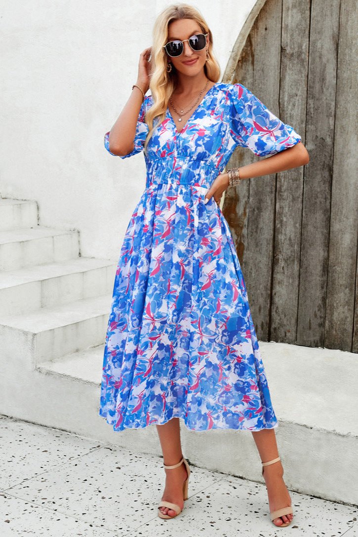 Casual Floral V-Neck Puff Sleeve Midi Dress